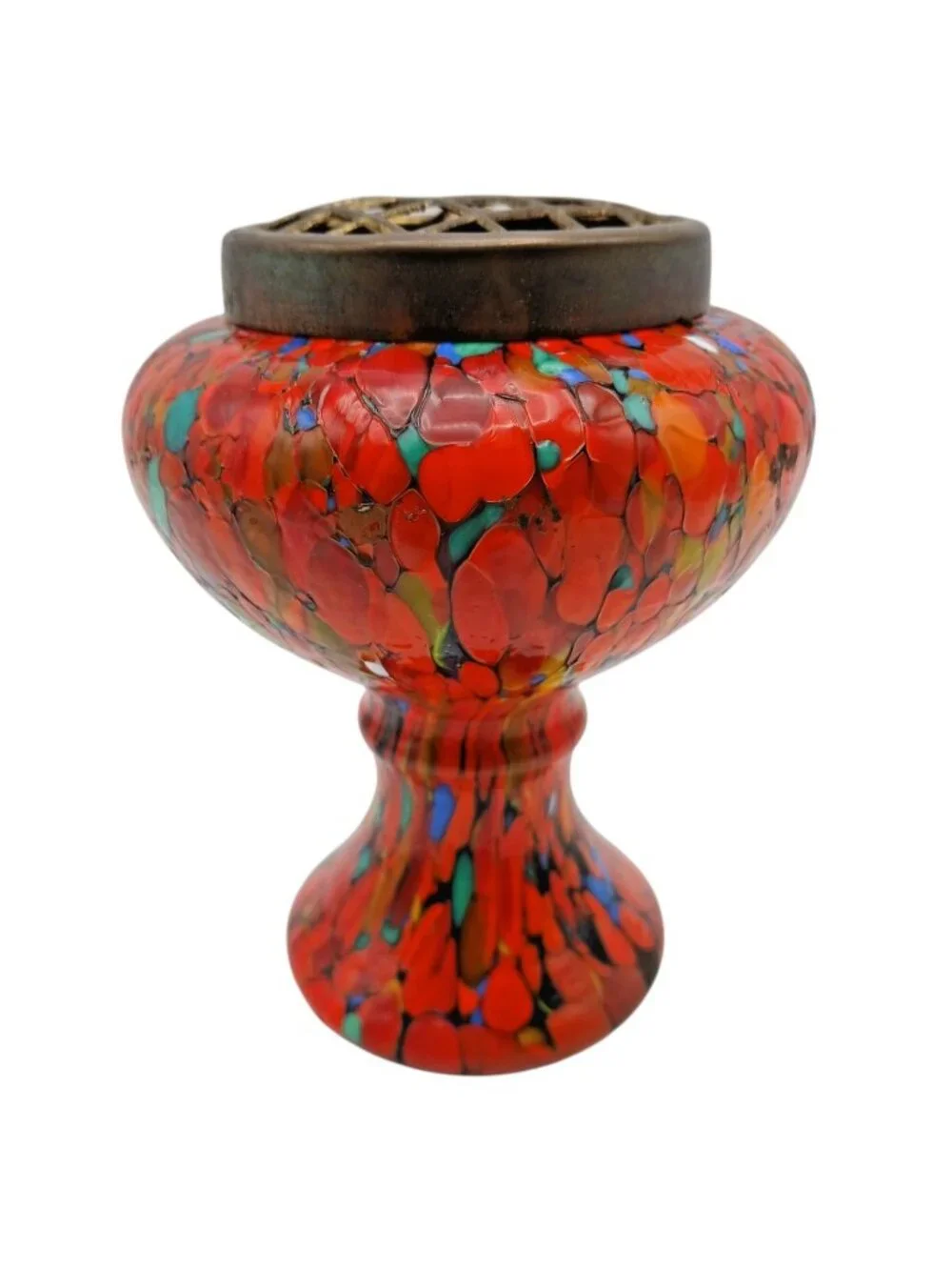Czech Bohemian Spatter Glass Posy Vase Brass Flower Frog Lid 5